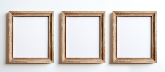 Obraz premium Three wooden frames are displayed on a white wall, each frame empty waiting to be filled with artwork or photographs. The frames are simple in design and hang evenly spaced, adding a touch of decor to