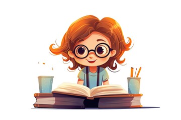 Cute little girl in glasses reading a book