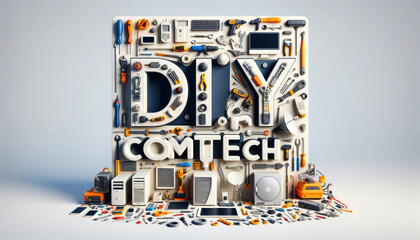 A creative and organized arrangement of various DIY and technology tools forming the words "DIY COMTECH" on a clean background.