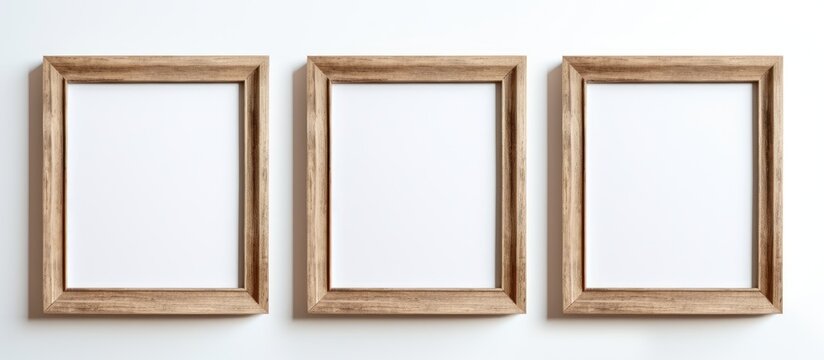 Three wooden frames are displayed on a white wall, each frame empty waiting to be filled with artwork or photographs. The frames are simple in design and hang evenly spaced, adding a touch of decor to