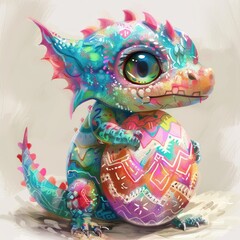 Vibrant baby dragon clutching an intricately patterned egg. Colorful and textured digital painting for a whimsical fantasy concept. Suitable for storytelling and creative design.