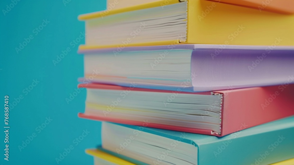 Poster a close-up view of a stack of books neatly placed on top of each other.