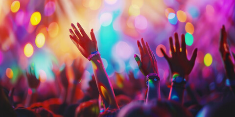 A large group of enthusiastic people at a concert, raising their hands in the air with excitement and energy. - 768587423