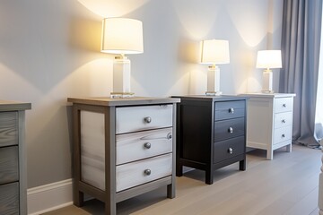 row of different styled kids nightstands with lamps