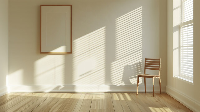 A large white wall with an empty picture frame on it sits in the center of a room with light wood floors and windows covered by blinds. A small chair is placed next to the window