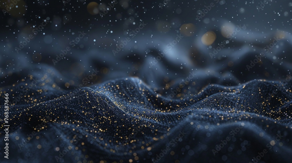 Poster a dark blue background adorned with sparkling gold glitters creating a dazzling and luxurious visual