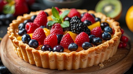 Glossy fruit tart vibrant colors in macro beautifully arranged