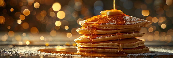 Stack of pancakes with dripping syrup and butter on top. Cozy breakfast food photography with warm bokeh lights. Menu concept design for poster, banner, advertisement