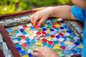 child placing bright tiles on a simple mosaic frame outdoors