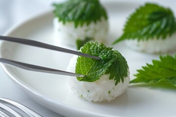 tweezers laying a leaf of shiso on a rice ball - obrazy, fototapety, plakaty