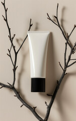 white cosmetic tube with black cap on beige background, dry gray tree branch near the product, mockup