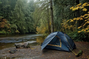 Camping tent in a camping in a forest by the river