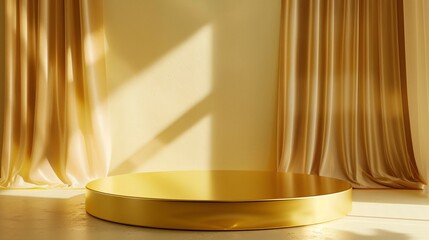 Golden podium on beige background with natural shadows. Perfect platform for your product. 3d rendering . ai generative