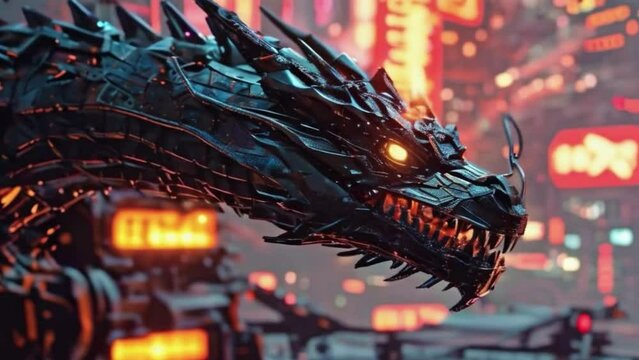 A large, metallic dragon with glowing red eyes is the main focus 4K motion