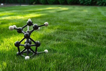 architectural model of a molecule set against a manicured lawn background