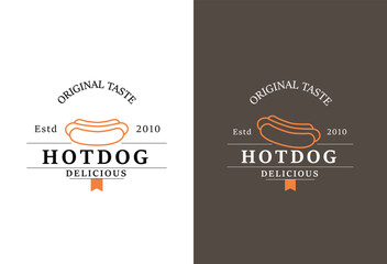 Vintage Hotdog Logo Vector. Fast food hotdog Illustration for street food. Hotdog - Flat Design BBQ - Barbecue Icon - obrazy, fototapety, plakaty