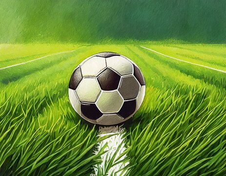 Ball lies on line football lawn with grass background
