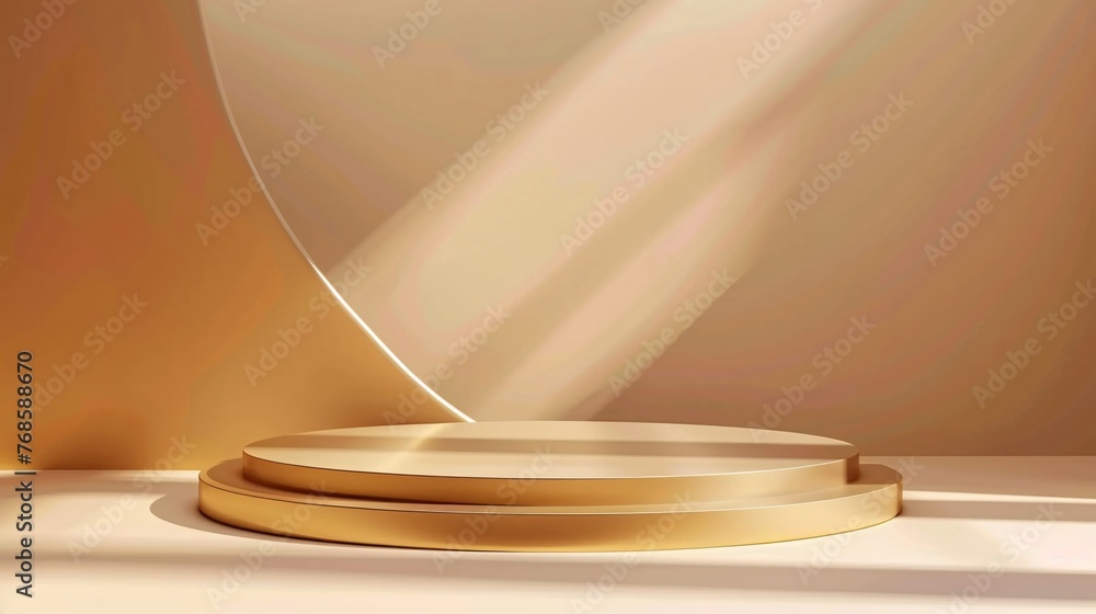 Poster golden podium on beige background with natural shadows. perfect platform for your product. 3d render