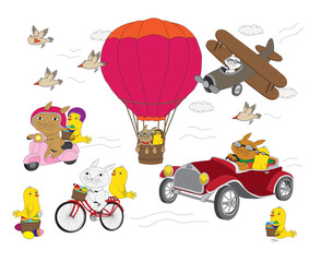 Cute cartoon style set with Easter Bunnies and chicks