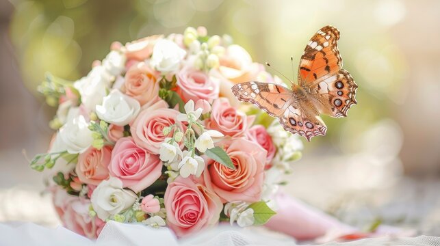 Beautiful bridal bouquet with butterfly sitting on it, copy space, bright professional photo