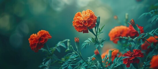 A group of orange marigold flowers blooming brightly among green grass on a sunny summer day. The petals of the flowers are a vibrant red, contrasting beautifully with the lush greenery of the grass.