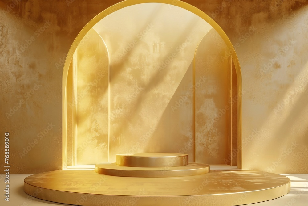 Poster golden podium on beige background with natural shadows. perfect platform for your product. 3d render