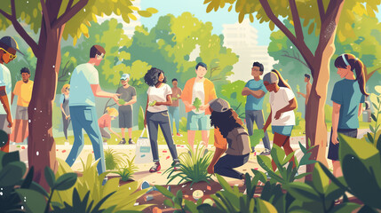 Obraz na płótnie Canvas Illustration of a group of people coming together to celebrate Earth Day. Picking litter and trash in a park.