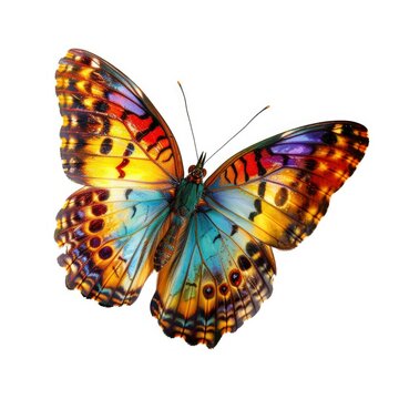 Beautiful colorful butterfly flying, isolated on white, professional photo