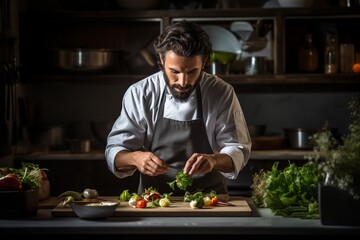 Gourmet cuisine, chef preparing exquisite dishes in an elegant kitchen.	
