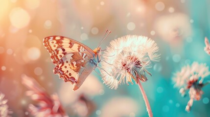 Beautiful natural pastel background with butterfly sitting on dandelion, copy space, close-up professional photo