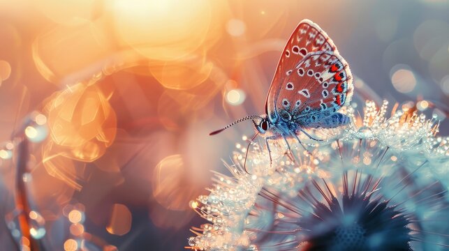 Fototapeta Beautiful natural background, butterfly sitting on dandelion, droplets of dew on a background of sunrise, copy space, close-up professional photo