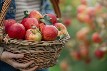 A female bring basket filled to the brim with freshly picked apples, showcasing the bounty of the harvest season.