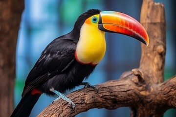 Colorful toucan perched in rainforest tree, natural wildlife habitat in lush jungle environment