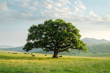 A majestic oak tree standing tall in the middle of a lush pasture, with grazing cattle dotting the landscape, symbolizing the symbiotic relationship between agriculture and nature.