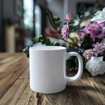 White Mug Mockup - Easter or Spring theme. Blank white mug next to blossom in a glass vase. Perfect for businesses selling mugs, just overlay your quote or design on to the image. Ai Generation