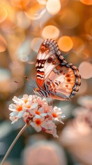 Colorful butterfly sits on beautiful flower, bright blurred background, copy space, close-up professional photo