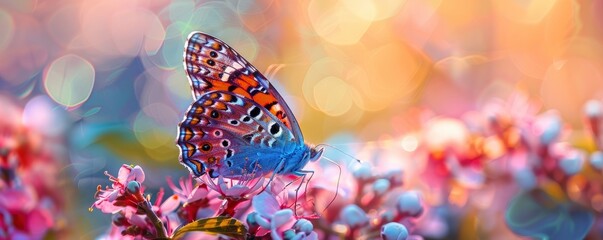 Colorful butterfly sits on beautiful flower, bright blurred background, copy space, close-up...