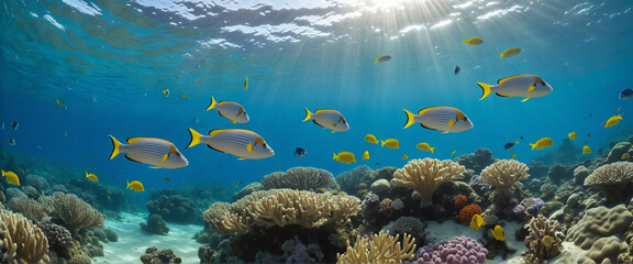 Fototapeta na wymiar An enchanting underwater world teeming with vibrant coral reefs and a kaleidoscope of fish in the serene blue expanse colorful background
