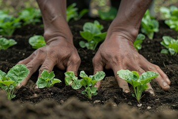 A close-up of hands carefully planting seedlings in rich soil, highlighting the nurturing aspect of agriculture and the promise of future harvests.