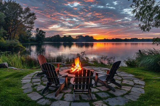 lawn chairs around a fire pit with a lake on the side at sunset moment, cozy concept