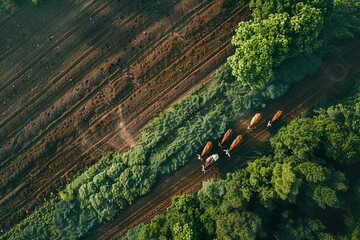 An overhead view of a farmer plowing a field with a team of oxen, showcasing traditional farming methods and the timeless rhythm of agriculture. - Powered by Adobe