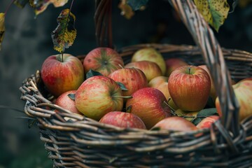 A basket filled to the brim with freshly picked apples, showcasing the bounty of the harvest season.
