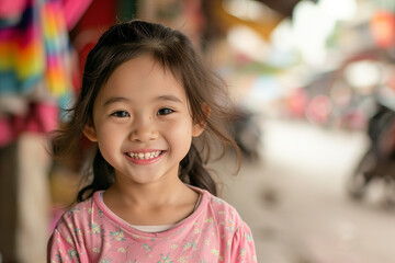 A young asian girl with long hair is smiling and wearing a pink shirt. She is standing in front of a building with a window
