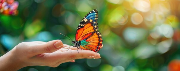Colorful butterfly sits on woman fingers, harmony of nature, copy space, beautiful magic close-up professional photo 