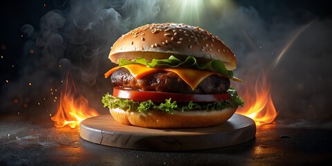 hot burger in a dark background - obrazy, fototapety, plakaty