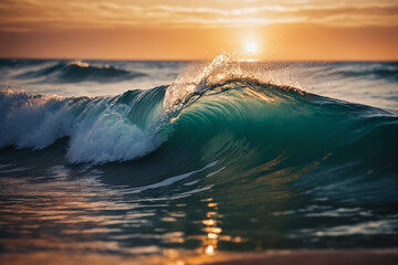 Colorful ocean wave falling down at sunset time - obrazy, fototapety, plakaty