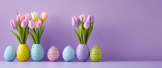row of colorful easter eggs as vase with tulips inside flower on lilac background, copy space concept for text and design. Happy Easter greeting card banner template
