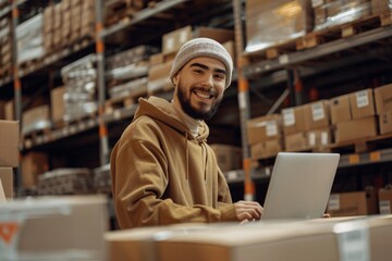 Fototapeta premium young worker is working with a laptop in a goods delivery warehouse. ai generative