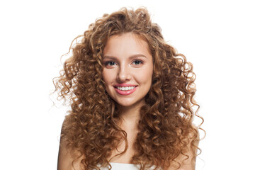 Happy good-looking redhead woman with clean skin, curly hairstyle and natural make-up. Female model on white background