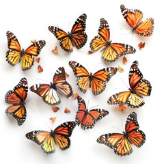 Flock of beautiful butterflies, isolated on white, professional photo